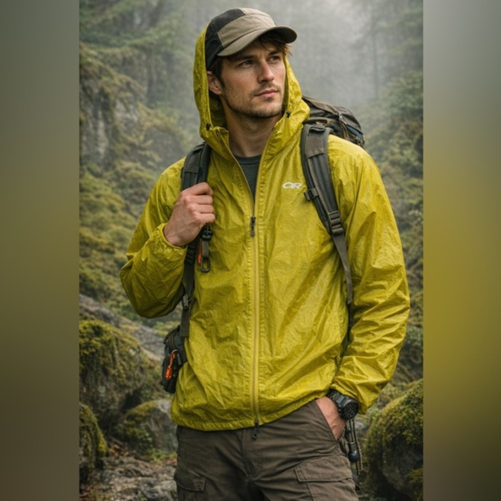 Outdoor Research Lime Green Striped Rain Jacket Windbreaker Sz M Hiking Outdoors
